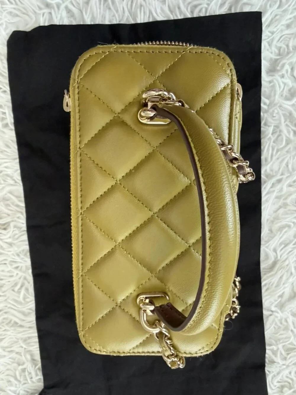 CHANEL Lambskin Quilted Small Top Handle Vanity Case With Chain in Green and Bro